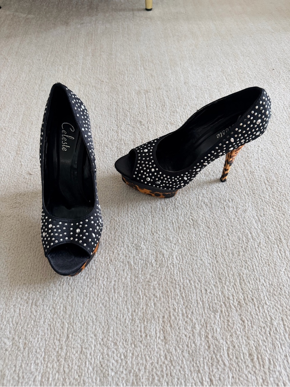 Black Peep Toe Heels with Rhinestones and Leopard Print